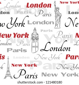 Light seamless pattern with symbols of popular cities New York, London, Paris.