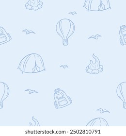 Light seamless pattern with tourist attributes associated with camping, hiking, vacation, travel. Simple vector illustration with repeating elements of hot air balloon, backpack, tent and bonfire