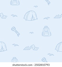 Light seamless pattern with tourist attributes associated with camping, hiking, vacation, travel. Simple vector illustration with repeating elements tent, lantern, map and backpack