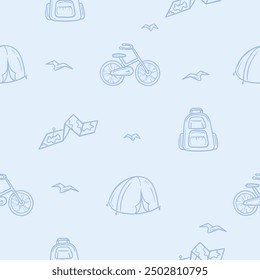 Light seamless pattern with tourist attributes associated with camping, hiking, vacation, travel. Simple vector illustration with repeating elements bike, backpack, tent and map