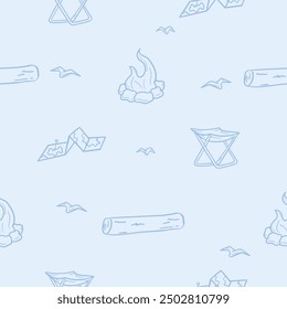 Light seamless pattern with tourist attributes associated with camping, hiking, vacation, travel. Simple vector illustration with repeating elements of bonfire, folding stool, map and log