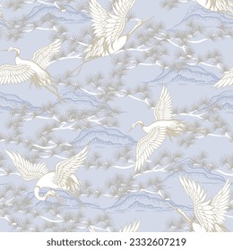 Light seamless pattern with white cranies and fir trees. Vector