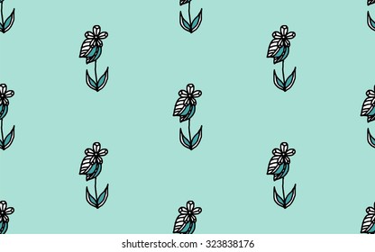 Light Seamless pattern wild flower on a blue background. The sketch, drawn by hand