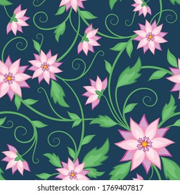 Light seamless plant background
in a classic style of delicate pink
abstract flowers with green leaves and curls
on a dark blue colored background.