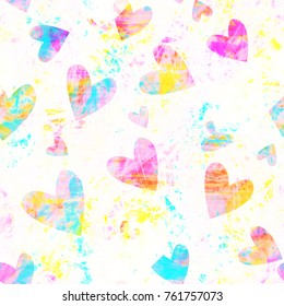 Light seamless texture with colored hearts. Grunge romantic pattern for girls or valentines day. Abstract vector background for web page, banners backdrop, fabric, home decor, wrapping, greeting card