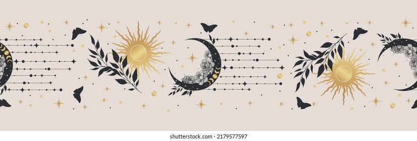 Light seamless vector border with moon, herbs, stars and butterflies. Decorative ornament. Graphic pattern for astrology, esoteric, tarot, mystic and magic. 