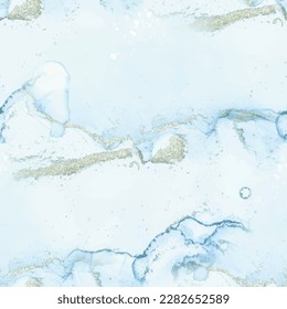 Light Seamless Watercolor. Foil Abstract Background. Blue Vector Ink Marble. Foil Ink Paint. Gold Marble Watercolor. Shiny Watercolor Pattern. White Alcohol Ink Canvas. Modern Seamless Art Template