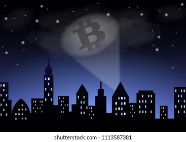 The Light From The Searchlight Shows The Crypto-currency Bitcoin Over The Night City.