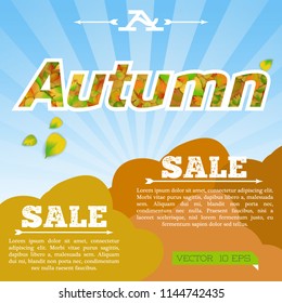 Light seasonal sale template with natural inscription text and falling alder leaves on sunburst background vector illustration