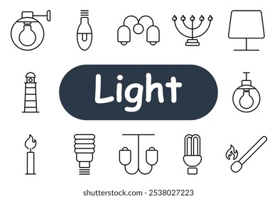 Light set icon. Light bulb, chandelier, lamp, match, lighthouse, candle, lantern. Suitable for lighting, energy, and home decor themes