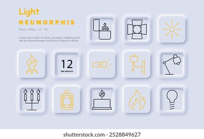 Icono de conjunto de luces. Fogata, encendedor, proyector, linterna, sol, lámpara de pared, lámpara de escritorio, vela, fuego, llama, iluminación, iluminación, lámpara eléctrica