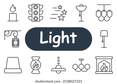 Light set icon. Candle, chandelier, lamp, traffic light, fireplace, and lantern. Ideal for lighting solutions, decoration, and energy use