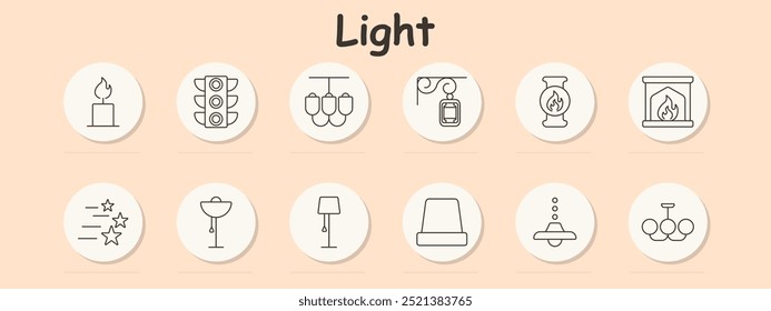 Light set icon. Candle, traffic light, chandelier, hanging lamp, fireplace, floor lamp, table lamp, ceiling lamp, pendant light, candelabra