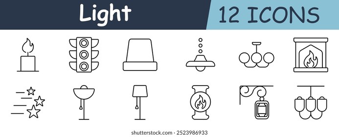 Light set icon. Candle, traffic light, lamp, ceiling light, chandelier, fireplace, shooting stars, pendant lamp, floor lamp, lantern, street light, hanging lamps