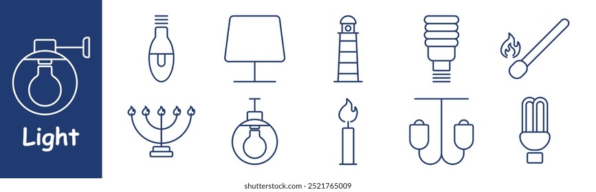 Light set icon. Flashlight, wall sconce, lighter, studio light, desk lamp, candleholder, candle, birthday cake, chandelier, lightbulb