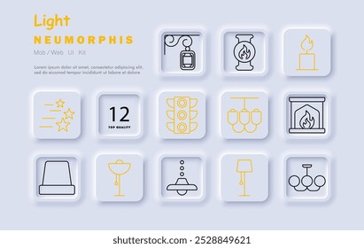 Light set icon. Lantern, traffic light, lamp, ceiling lights, chandelier, candle, fireplace, stars, street light, brightness, home lighting, illumination