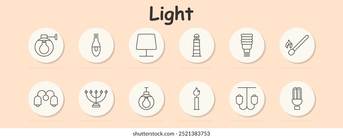 Light set icon. Lightbulb, match, lamp, lighthouse, chandelier, candle, torch, LED bulb, lantern, flame, fire, desk lamp, illumination, glow, brightness, lighting, power, electricity