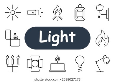 Light set icon. Sun, flashlight, fire, lantern, wall lamp, lighter, candle, studio light, birthday candle, bulb, desk lamp. Various light sources and lighting devices for indoor and outdoor use