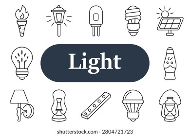 Light set icon. Torch, street lamp, led bulb, solar panel, lava lamp, wall light, lantern, candle, desk lamp, illumination technology, electricity, energy saving, home lighting collection