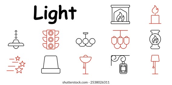 Light set icon. Traffic light, UFO, ceiling lamp, chandelier, fireplace, candle, torch, star, sconce, lamp post, lampshade