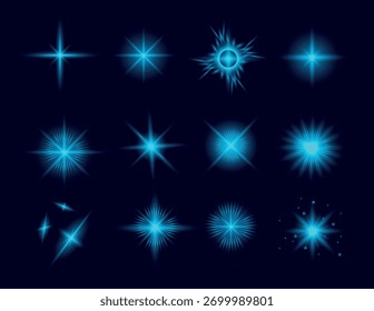 Conjunto de luces de neón azul destellos de luz. Estrellas brillantes. Ilustrador de Vector