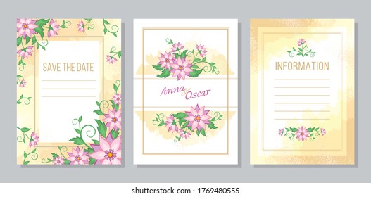 A light set of templates for wedding invitations, decorated with floral ornaments in a classic style with delicate pink abstract flowers and a watercolor background. Save the date cards for happy day.