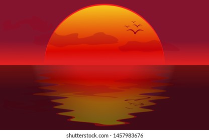 
The Light Of The Setting Sun. Reflection In The Water. A Warm Summer Day. Beautiful View. Vector Illustration.