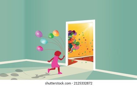 Light and shadow. Exit Door to a colorful landscape. Girl with balloons. Door to new world. child with multicolored Balloons running through the door leading to the summer landscape. 
