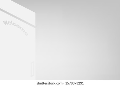 light and shadow gray background, Light shines through the door with a welcome words. Enter the white shop. illustration abstract white background.