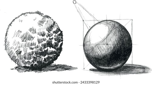 light and shadow on a circle, pencil sketching of simple shapes