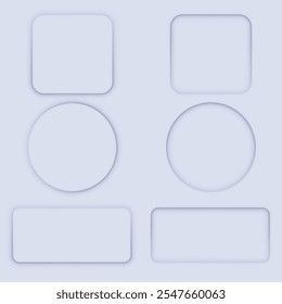 Light shapes set icon. Soft gray geometric cutouts, including squares, circles, and rectangles, creating a modern, minimalistic abstract design with depth and shadows
