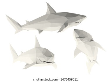 Light Shark. Set of Isolated White Great White Sharks on White Background. Low Poly Vector 3D Rendering