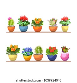 Light shelves with flowers. Flowering houseplants in pots. Set of icons. Isolated objects for interior. Wooden stylish furniture. Vector illustration.

