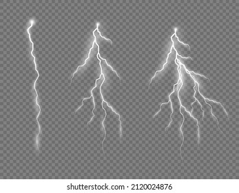 Light and shine, abstract, electricity and explosion. Realistic thunderstorm and lighting. Bolt lightning or electricity blast storm or thunderbolt on transparent background. Vector illustration. 