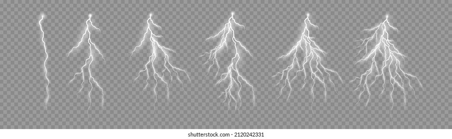 Luz y brillo, abstracto, electricidad y explosión. Tormenta eléctrica e iluminación realista. Tornillo de rayos o de ráfaga de electricidad o rayo de luz sobre fondo transparente. Ilustración vectorial. 