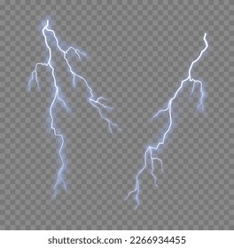 Light and shine, abstract, electricity and explosion. Bolt lightning or electricity blast storm or thunderbolt on transparent background. Realistic thunderstorm, white and blue lighting, vector.