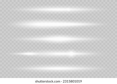 Light shine effect or starlight lens. White horizontal lens flares pack. Laser beams, horizontal light rays. Beautiful light flares.