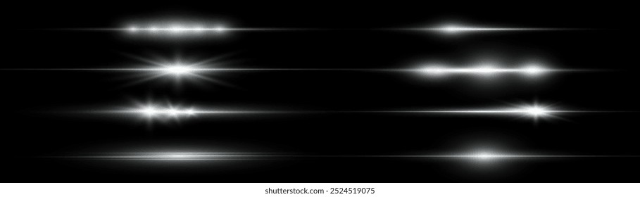 Light shine effect or starlight lens flare vector isolated icons transparent background. Silver or white sun beam. Vector EPS 10