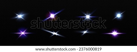 Light shine effects set isolated on transparent background. Vector realistic illustration of magic star twinkling in darkness, alien planet sparkling in space, neon white glimmer, bright camera flash