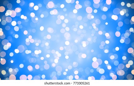 Light shine of sparkling confetti glitter effect on blue background. Vector shiny bokeh lights for Christmas or birthday background design template. Magic glittering glow with lens flare white light
