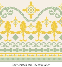 Licht und Glanz Gelb und Celadon Scroll Ornament königlichen Luxus Stil nahtlosen Rand Muster. Orientalisch Geometrische und lockige kombinieren für zarte Kunstwerke, Dekoration, Tapete, Kleid, Haute Couture