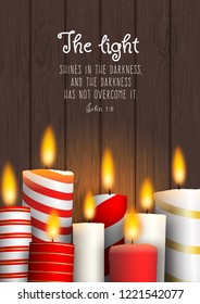 The light shines in the darkness, and the darkness has not overcome it. Biblical quote. Group of Christmas traditional candles on wooden background, Christmas theme, vector illustration, eps 10 with
