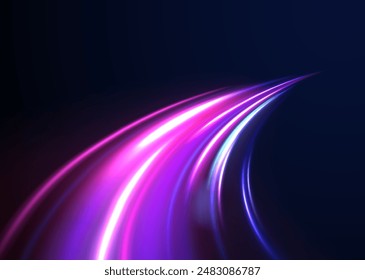 Lichtstrahlender Effekt. Glühend glänzende Geschwindigkeitslinien wirken auf den Hintergrund der Vektorgrafik. Glühende Geschwindigkeitslinien. Abstrakter Hintergrund mit Geschwindigkeitslinien. Vektorillustration. Futuristisch. Die hellen Linien der Straße 