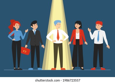 Leicht leuchtendes Licht auf den richtigen Kandidaten für einen Job, Rekrutierungskonzept. Wählen Sie einen Mitarbeiter für Ihr Team aus. Eine Menge Leute stehen.