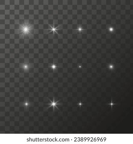 Light shining stars, glare light effects, Shiny illuminated elements on a transparent background. Vector isolate special effects.