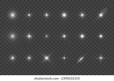 Light shining stars, glare light effects, Shiny illuminated elements on a transparent background. Vector isolate special effects.
