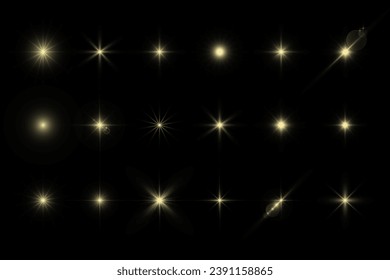 Light shining stars, glare light effects, Shiny illuminated elements on a transparent background. Vector isolate special effects.