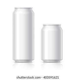 light and shiny aluminum cans for beer and soft drinks or energy. Packaging 500 and 330 ml. Object, shadow, and reflection on separate layers. Vector illustration