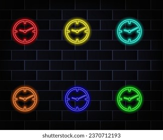 Leuchtendes und glänzendes Uhrsymbol. Neonsymbol, glühende Silhouette, Laser Fluoreszenz-Uhr, Vektorgrafik. rot. gelb, blau, rosa, orange.