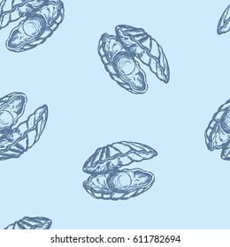 Light shiny gem ball perl in nacre scallop snail isolated. Seamless vector.